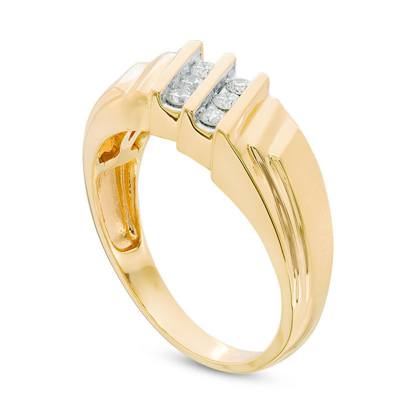 Men's 0.25 CT. T.W. Natural Diamond Slanted Double Row Stepped Shank Ring in Solid 10K Yellow Gold