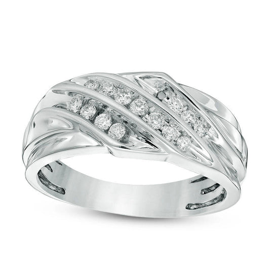 Men's 0.38 CT. T.W. Natural Diamond Slanted Three Row Ring in Solid 10K White Gold