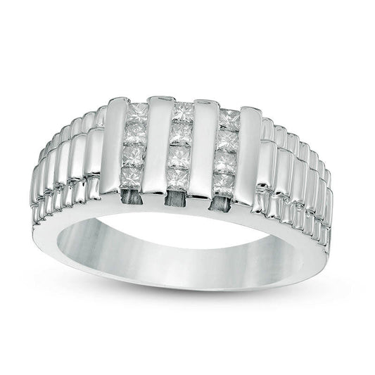 Men's 0.50 CT. T.W. Square Natural Diamond Vertical Three Row Stepped Shank Ring in Solid 14K White Gold