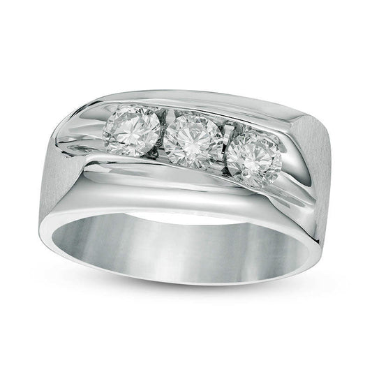 Men's 1.0 CT. T.W. Natural Diamond Three Stone Slant Ring in Solid 14K White Gold