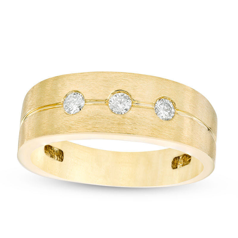 Men's 0.25 CT. T.W. Natural Diamond Three Stone Comfort Fit Wedding Band in Solid 10K Yellow Gold