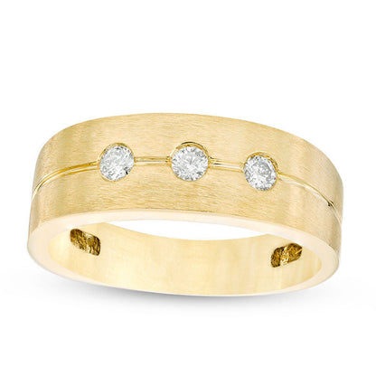 Men's 0.25 CT. T.W. Natural Diamond Three Stone Comfort Fit Wedding Band in Solid 10K Yellow Gold