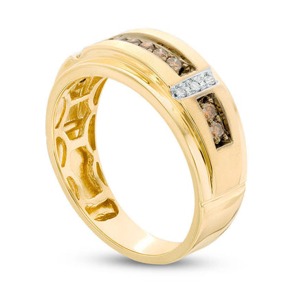 Men's 0.33 CT. T.W. Champagne and White Natural Diamond Satin Wedding Band in Solid 10K Yellow Gold
