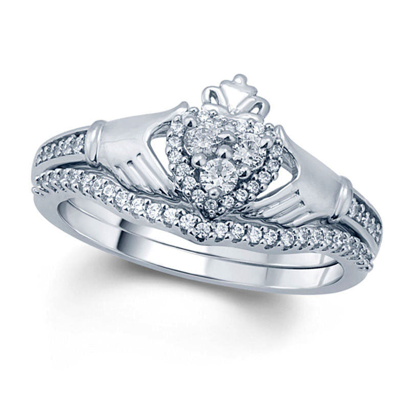 0.33 CT. T.W. Natural Diamond Claddagh Bridal Engagement Ring Set in Solid 10K White Gold
