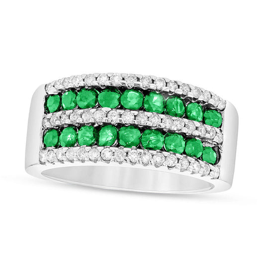 Emerald and 0.38 CT. T.W. Natural Diamond Multi-Row Band in Solid 14K White Gold
