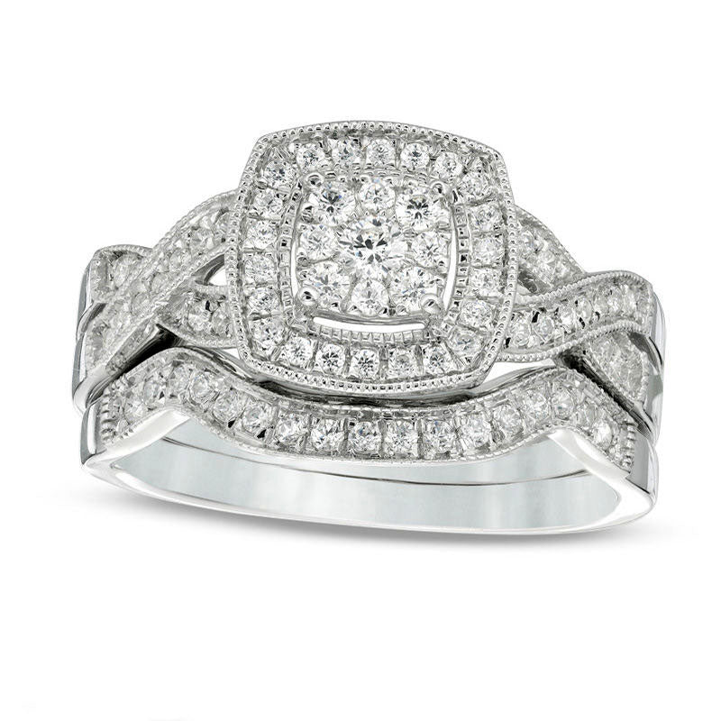 0.50 CT. T.W. Composite Natural Diamond Cushion Frame Twist Antique Vintage-Style Bridal Engagement Ring Set in Solid 10K White Gold