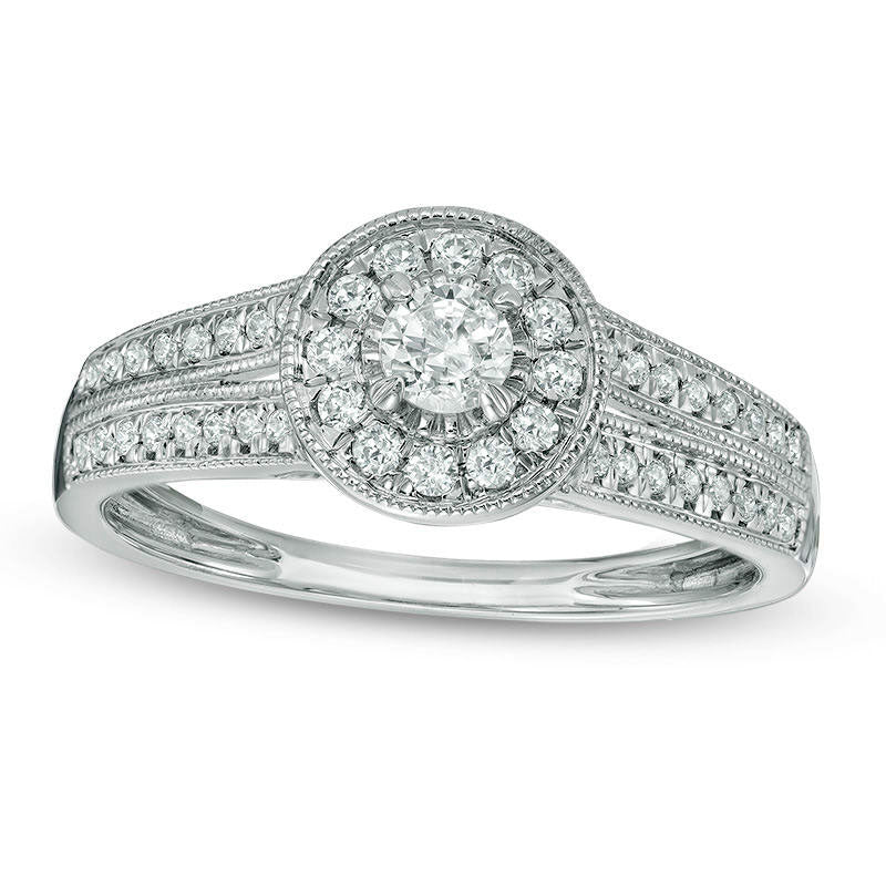 0.38 CT. T.W. Natural Diamond Frame Double Row Antique Vintage-Style Engagement Ring in Solid 10K White Gold