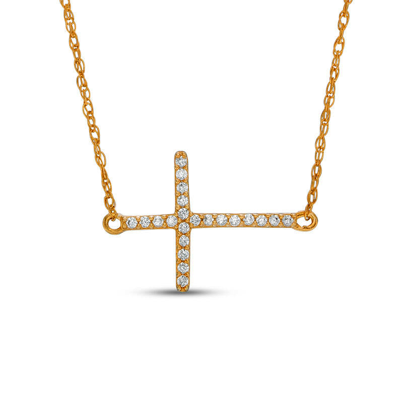 0.05 CT. T.W. Natural Diamond Sideways Cross Necklace in 10K Yellow Gold