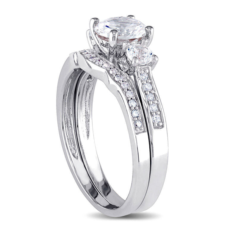 6.0mm Lab-Created White Sapphire and 0.13 CT. T.W. Diamond Three Stone Bridal Engagement Ring Set in Solid 10K White Gold