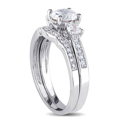 6.0mm Lab-Created White Sapphire and 0.13 CT. T.W. Diamond Three Stone Bridal Engagement Ring Set in Solid 10K White Gold