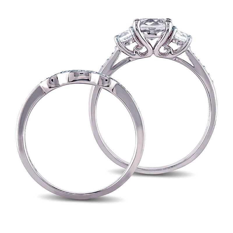 6.0mm Lab-Created White Sapphire and 0.13 CT. T.W. Diamond Three Stone Bridal Engagement Ring Set in Solid 10K White Gold