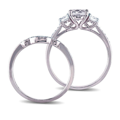 6.0mm Lab-Created White Sapphire and 0.13 CT. T.W. Diamond Three Stone Bridal Engagement Ring Set in Solid 10K White Gold