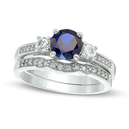 6.0mm Lab-Created Blue and White Sapphire with 0.13 CT. T.W. Diamond Three Stone Bridal Engagement Ring Set in Solid 10K White Gold