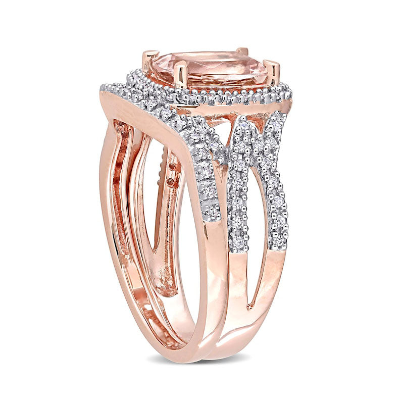Cushion-Cut Morganite and 0.25 CT. T.W. Natural Diamond Frame Bridal Engagement Ring Set in Solid 10K Rose Gold