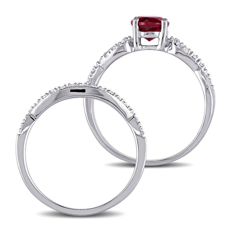 6.0mm Lab-Created Ruby and 0.13 CT. T.W. Diamond Twist Shank Bridal Engagement Ring Set in Solid 10K White Gold