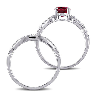 6.0mm Lab-Created Ruby and 0.13 CT. T.W. Diamond Twist Shank Bridal Engagement Ring Set in Solid 10K White Gold