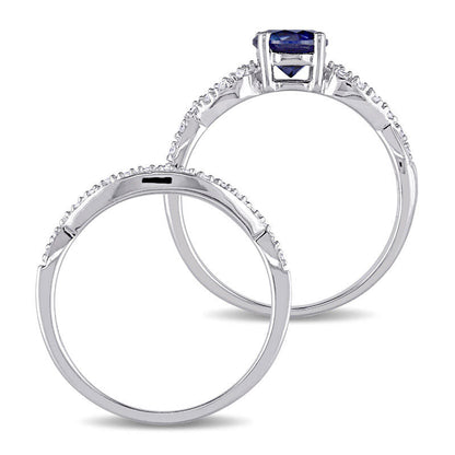 6.0mm Lab-Created Blue Sapphire and 0.13 CT. T.W. Diamond Twist Shank Bridal Engagement Ring Set in Solid 10K White Gold