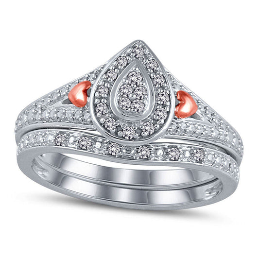 0.10 CT. T.W. Composite Natural Diamond Pear Frame with Side Hearts Bridal Engagement Ring Set in Sterling Silver and Solid 14K Rose Gold