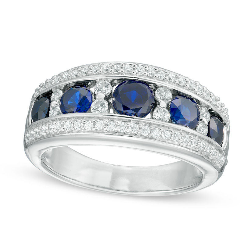 Lab-Created Blue and White Sapphire and 0.20 CT. T.W. Diamond Five Stone Band in Sterling Silver
