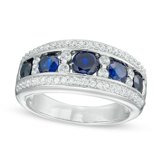 Lab-Created Blue and White Sapphire and 0.20 CT. T.W. Diamond Five Stone Band in Sterling Silver