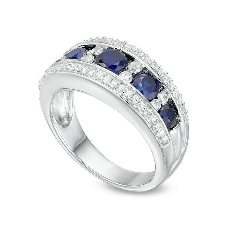 Lab-Created Blue and White Sapphire and 0.20 CT. T.W. Diamond Five Stone Band in Sterling Silver