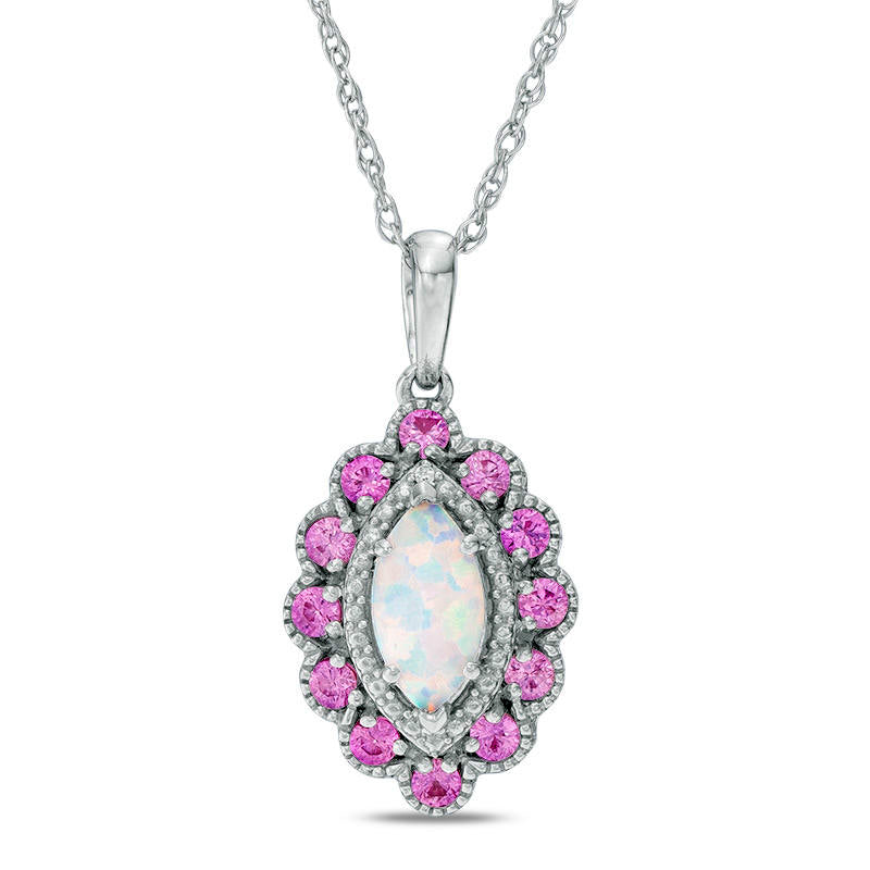 Marquise Lab-Created Opal, Pink and White Sapphire Scallop Frame Pendant in Sterling Silver