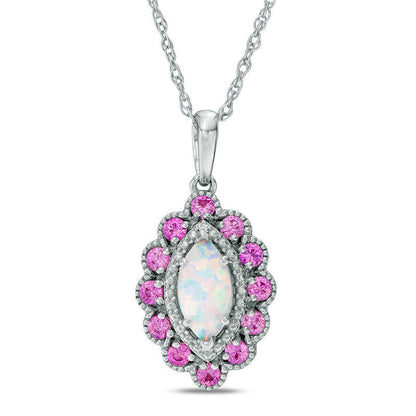 Marquise Lab-Created Opal, Pink and White Sapphire Scallop Frame Pendant in Sterling Silver