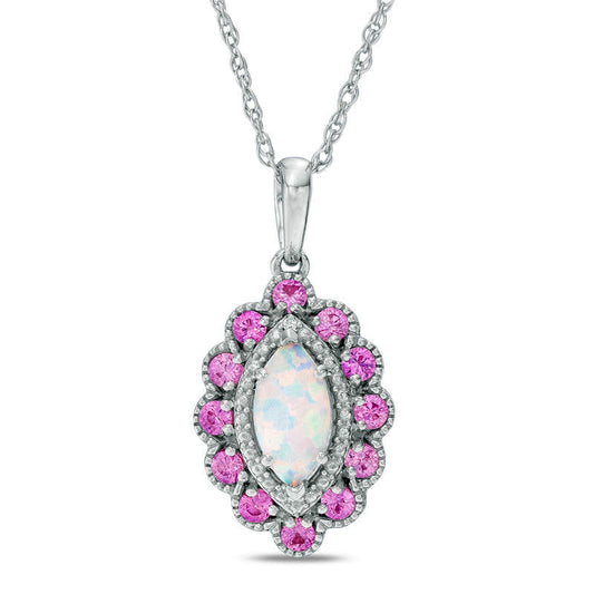 Marquise Lab-Created Opal, Pink and White Sapphire Scallop Frame Pendant in Sterling Silver