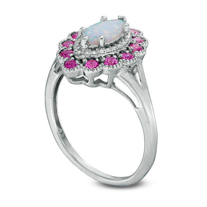 Marquise Lab-Created Opal with Pink and White Sapphire Scallop Frame Ring in Sterling Silver