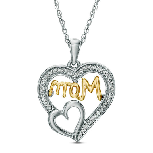 0.1 CT. T.W. Natural Diamond Mom" Double Heart Pendant in Sterling Silver and 10K Yellow Gold"