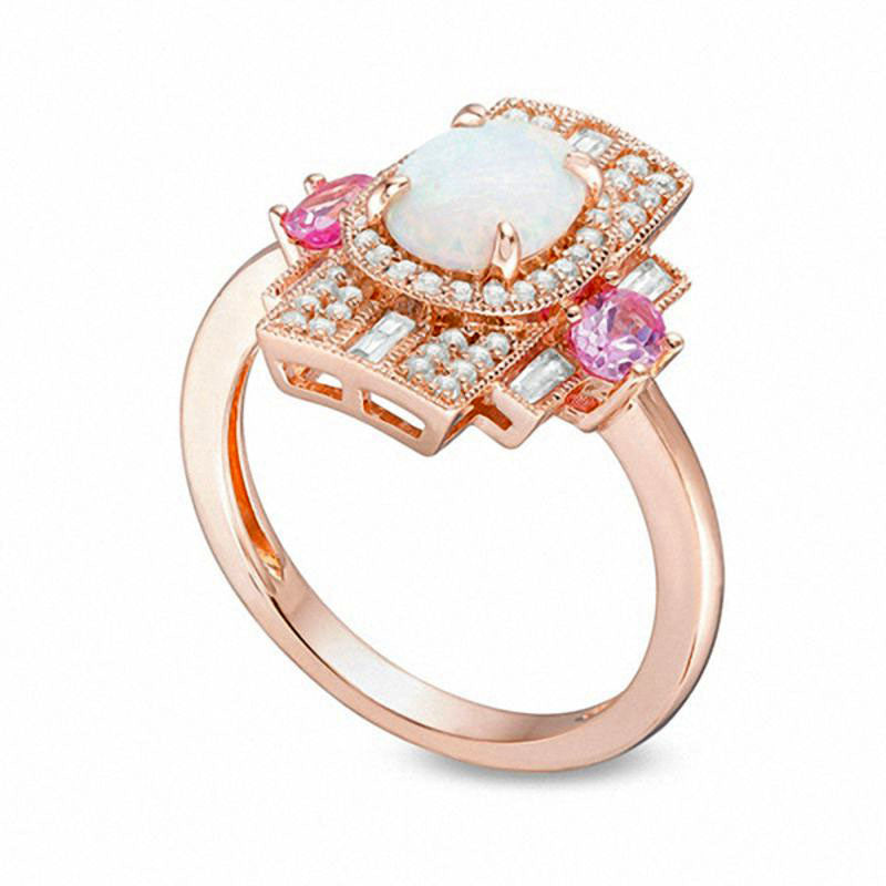 Oval Opal Pink Sapphire and 0.38 CT. T.W. Natural Diamond Antique Vintage-Style Art Deco Ring in Solid 10K Rose Gold