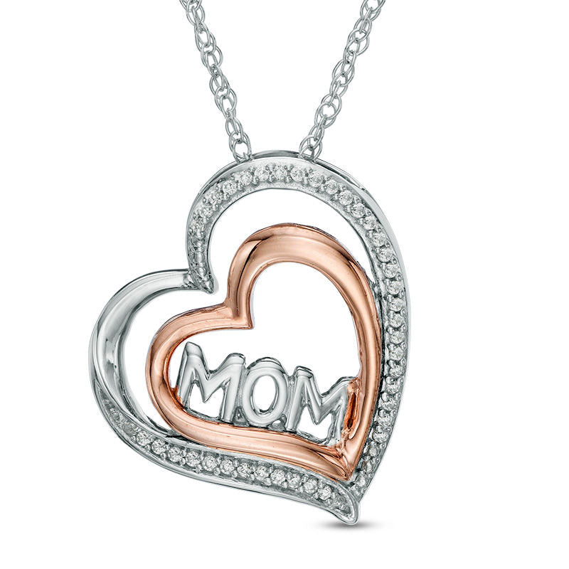 0.1 CT. T.W. Natural Diamond MOM" Tilted Double Heart Pendant in Sterling Silver and 10K Rose Gold"