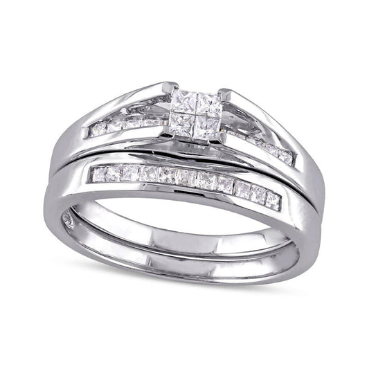 0.50 CT. T.W. Quad Princess-Cut Natural Diamond Bridal Engagement Ring Set in Solid 10K White Gold