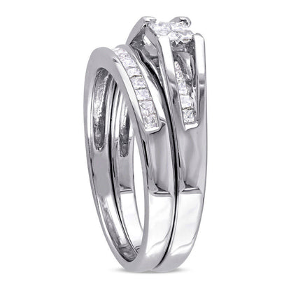 0.50 CT. T.W. Quad Princess-Cut Natural Diamond Bridal Engagement Ring Set in Solid 10K White Gold