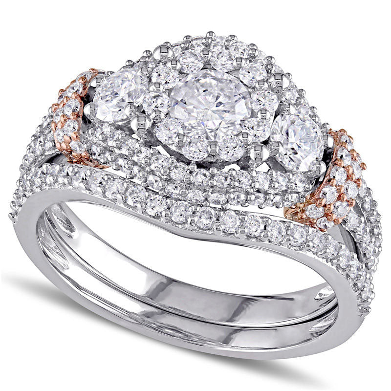 1.5 CT. T.W. Natural Diamond Three Stone Frame Collar Bridal Engagement Ring Set in Solid 10K Two-Toned Gold