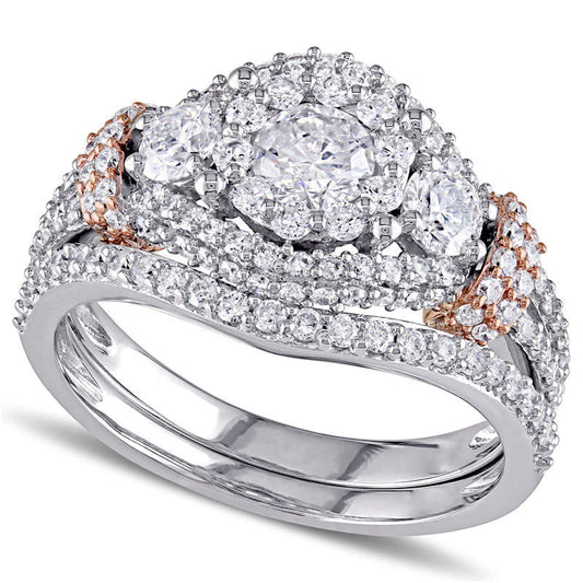 1.5 CT. T.W. Natural Diamond Three Stone Frame Collar Bridal Engagement Ring Set in Solid 10K Two-Toned Gold