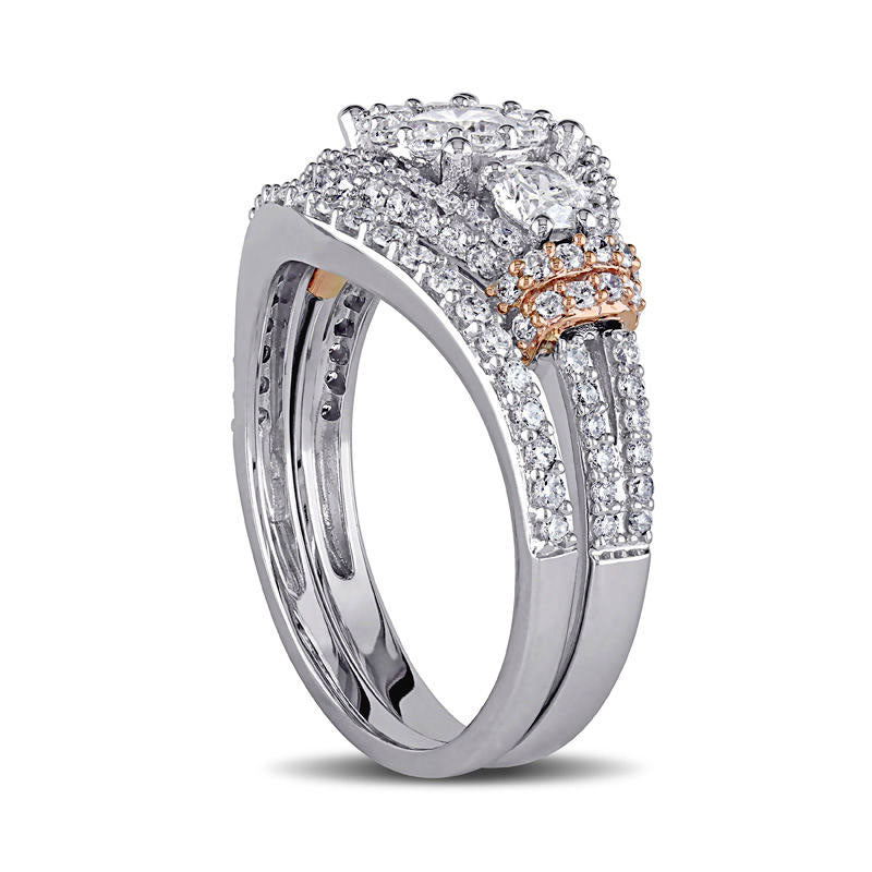 1.5 CT. T.W. Natural Diamond Three Stone Frame Collar Bridal Engagement Ring Set in Solid 10K Two-Toned Gold