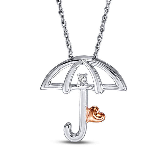 Natural Diamond Accent Umbrella with Heart Pendant in Sterling Silver and 10K Rose Gold