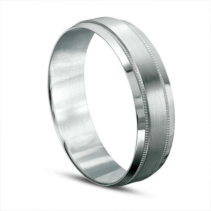 Mens 6.0mm Brushed Center Milgrain Comfort Fit Wedding Band in Solid 10K White Gold