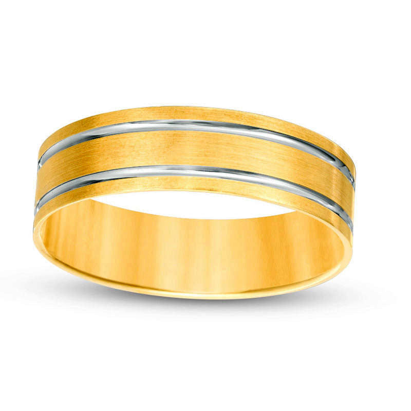 Mens 6.0mm Brushed Double Stripe Comfort Fit Wedding Band in Solid 10K Yellow Gold with White Rhodium
