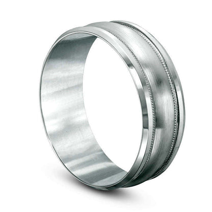 Mens 8.0mm Satin Center Milgrain Comfort Fit Wedding Band in Solid 14K White Gold