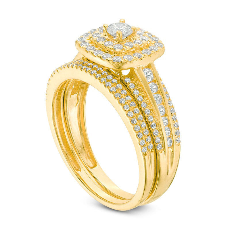 1.0 CT. T.W. Natural Diamond Double Cushion Frame Bridal Engagement Ring Set in Solid 10K Yellow Gold