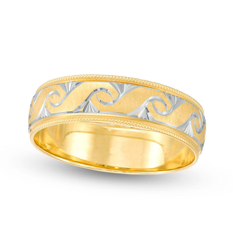 6.0mm Natural Diamond-Cut Swirl Milgrain Edge Comfort Fit Wedding Band in Solid 10K Yellow Gold with White Rhodium
