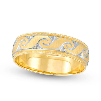 6.0mm Natural Diamond-Cut Swirl Milgrain Edge Comfort Fit Wedding Band in Solid 10K Yellow Gold with White Rhodium