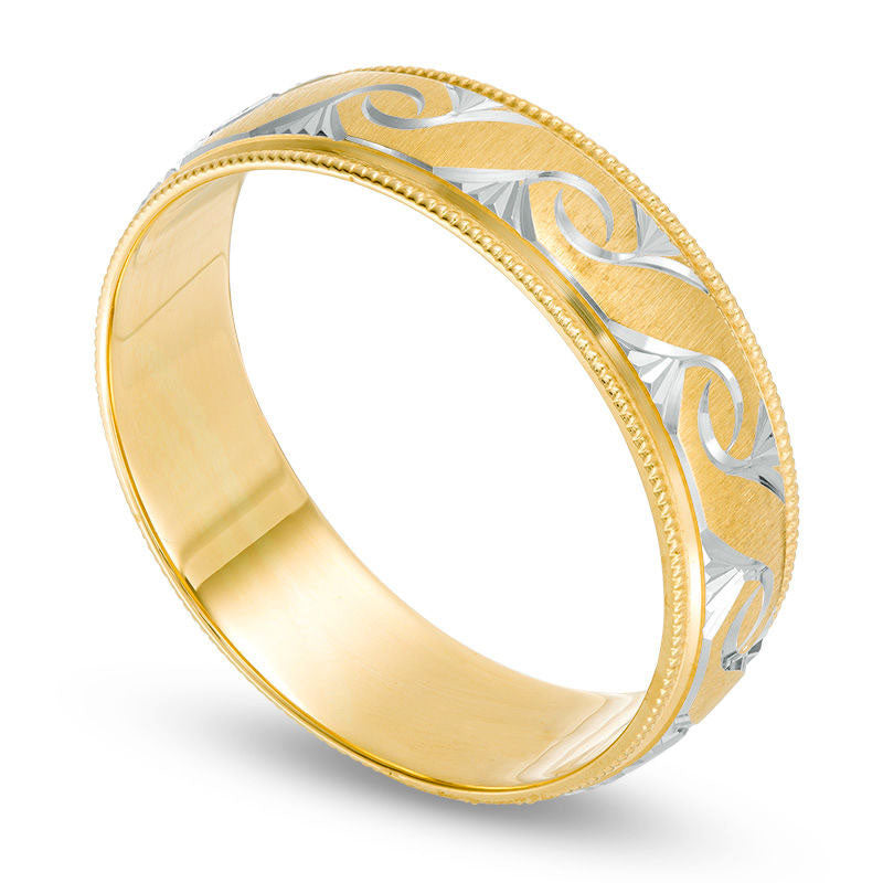 6.0mm Natural Diamond-Cut Swirl Milgrain Edge Comfort Fit Wedding Band in Solid 10K Yellow Gold with White Rhodium