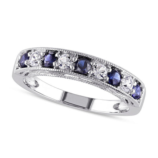 Lab-Created Blue and White Sapphire Antique Vintage-Style Stackable Band in Sterling Silver