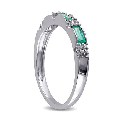 Baguette Emerald and Natural Diamond Accent Three Stone Band in Solid 10K White Gold