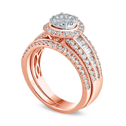 1.5 CT. T.W. Baguette and Round Composite Natural Diamond Frame Bridal Engagement Ring Set in Solid 14K Rose Gold