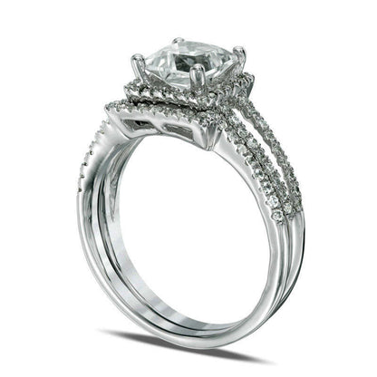 6.0mm Princess-Cut Lab-Created White Sapphire and 0.25 CT. T.W. Diamond Frame Split Shank Bridal Engagement Ring Set in Solid 10K White Gold