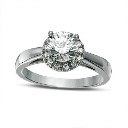 6.0mm Lab-Created White Sapphire and 0.10 CT. T.W. Diamond Frame Engagement Ring in Solid 10K White Gold